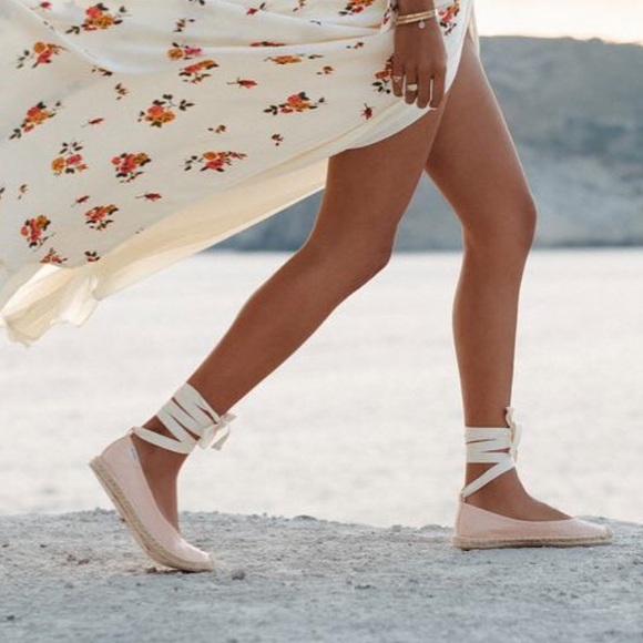 Nude Leather Tie up Ballet Espadrille Flats - Picture 2 of 7